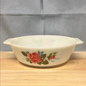 JAJ Pyrex Casserole Dish Cottage Red Rose 509 White Milk Glass No Lid Vintage